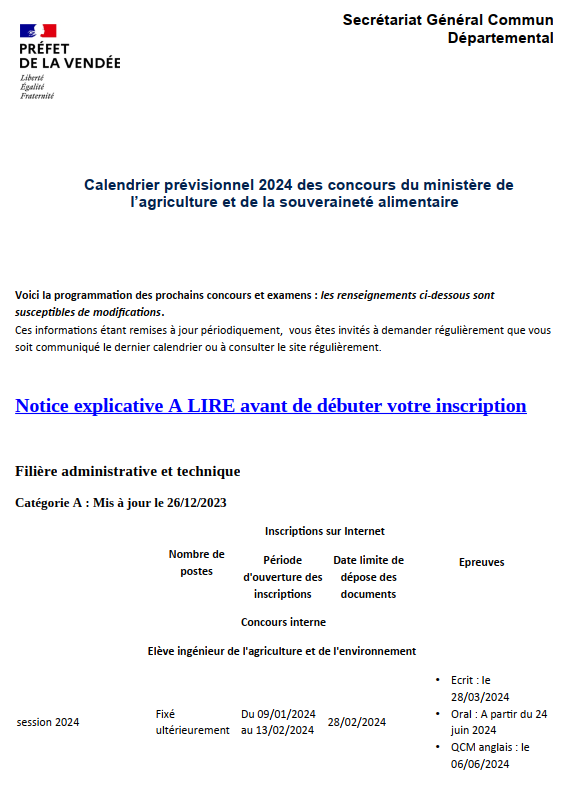 Calendrier des concours du ministère de l'agriculture