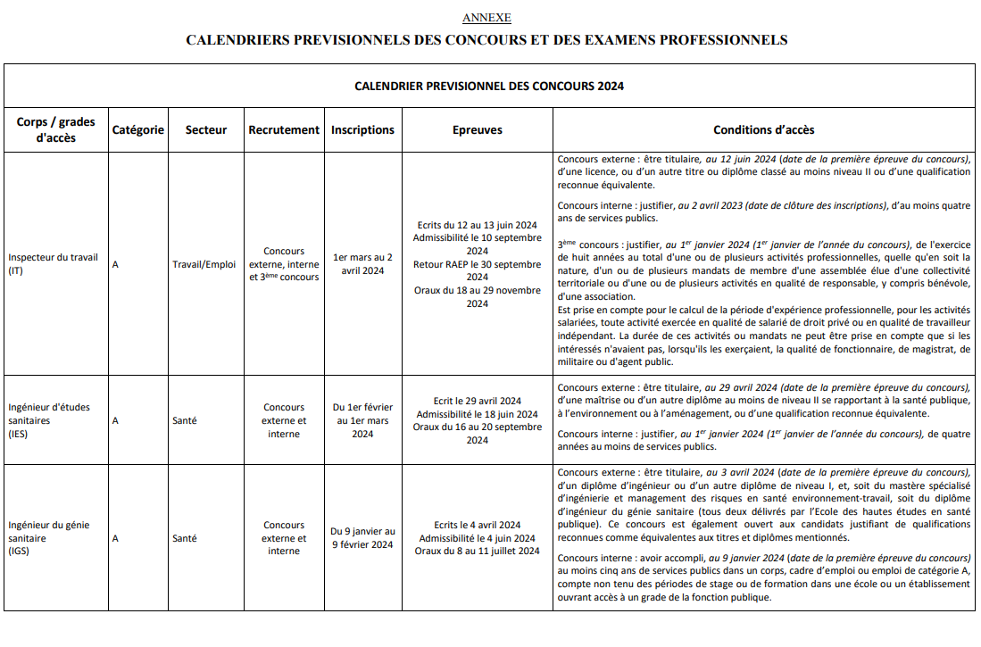 Calendrier des concours et examens 2024